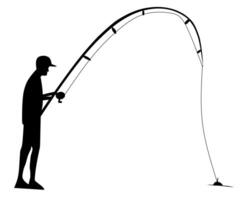 Silhouette of a man fishing with a bent rod, isolated on a white background. Minimalist design, perfect for fishing-themed projects, icons, and outdoor concepts vector