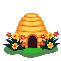 beehive illustration with flowers and grass. A peaceful and colorful design showing a natural bee home environment in flat design style vector