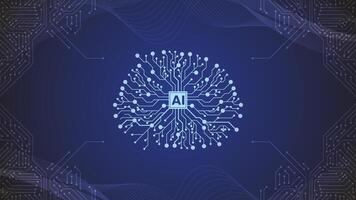 Artificial Intelligence. Big Data And Ai Circuit Concept. Machine Learning And Cyber Mind Domination Concept In Form Of Digital Brain Outline With Circuit Board And Binary Data Flow On Blue Background vector