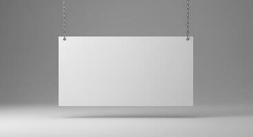 Hanging Empty Sign Mockup with Metal Chain on Gray Background photo