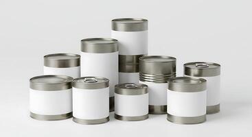 Multiple Metal Cans Arranged with White Labels on a Plain Background photo