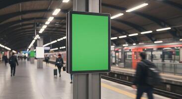 Green Screen Advertisement Board at a Busy Subway Station Platform photo
