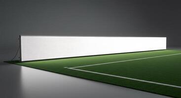 Illuminated Advertising Billboard on Green Artificial Turf Displaying Advertisement photo