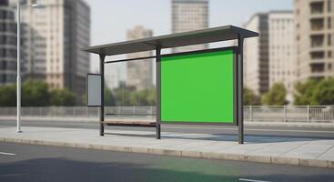 Modern Bus Stop Shelter with Green Screen Display in Urban Setting photo