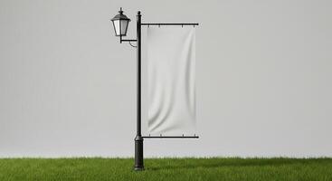 Blank Banner Mockup on Lamppost Standing on Grass with Empty Space photo