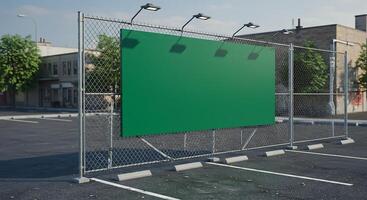 Green Billboard Displayed on Chain Link Fence in Empty Parking Lot photo