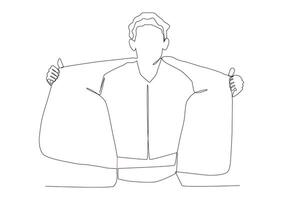 Continuous one line art of a man is standing opening his jacket. The concept of an open heart, kindness, empathy, support, comfort. It can be used for animation. vector