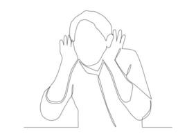 WebContinuous one line art of a man who put his hand to his ear to hear better. Hearing problems, eavesdropping on gossip, poor communication. It can be used for animation. vector