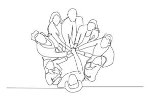 One single line drawing group of young happy business people unite their hands together to form a circle shape symbol, top view. Trendy teamwork concept. vector