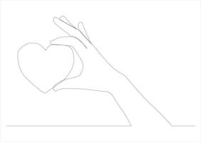 One continuous single drawing line art flat doodle heart in hand heart symbol heart love health heart holds with two fingers. vector