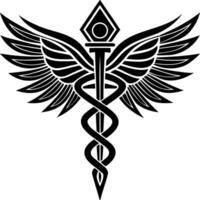 Black silhouette illustration of caduceus medical symbol with wings and serpent in bold graphic style vector