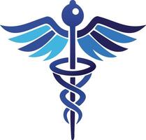Blue gradient flat illustration of caduceus medical icon with wings and serpent symbol vector