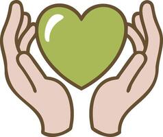 Green heart held by hands illustration in flat cartoon style showing love care health and compassion in soft colors and symbolic supportive icon design vector