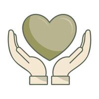Flat illustration of hands holding green heart symbol in pastel colors representing care love and compassion in minimal soft style with health and wellness concept vector