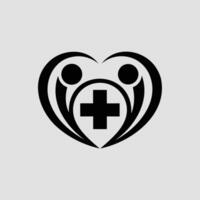 Abstract heart medical logo with cross and family symbol in monochrome design representing healthcare compassion and wellness in modern graphic style icon on gray background vector