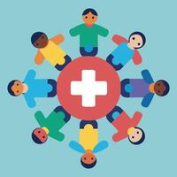 Flat overhead illustration of people in a circle around red health cross on blue background vector
