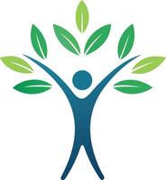 Flat icon of blue gradient person tree with green leaves canopy symbolizing wellness vector