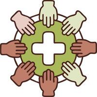 Flat overhead illustration of brown hands forming circle around green health cross symbol vector