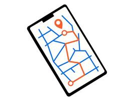 Hand drawn cute cartoon illustration phone screen with city map. Flat direction choice doodle. Navigation guide icon. Strategy solution. Travel navigation. Searching for opportunity. Isolated. vector