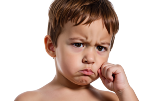Pouting young boy with frown on transparent background, child with sad expression holding finger near mouth, isolated portrait of upset toddler showing disappointment and displeasure png