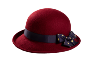 Elegant Red Felt Cloche Hat with Navy Ribbon and Decorative Bow on Transparent Background png