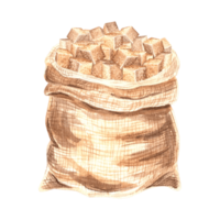 Brown sugar cubes in canvas bag watercolor illustration isolated. Jute sack with product of sugar cane processing. Hand drawn ingredient for cooking. Paintin clipart for foood design in scetch style. png