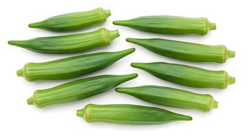 Fresh Green Okra Pods Isolated on White Background, Ready for Cooking photo