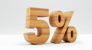 Wooden Five Percent Symbol Standing on a White Background for Promotion photo