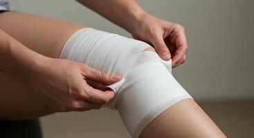 Applying White Bandage on Knee for Support and Injury Recovery photo