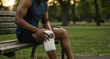 Man Resting with Knee Injury, Applying Bandage on Park Bench photo