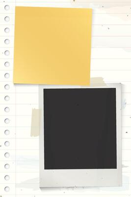 Blank old instant photograph and blank sticky note stick on used old notebook paper vertical background with stained effect graphic illustration.