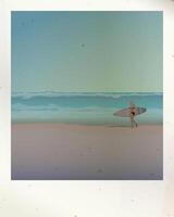 Old photograph of surfer girl with surfboard at the beach with stained effect graphic illustration have blank space. vector