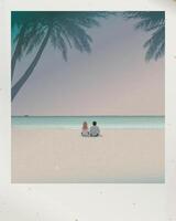 Old polaroid photograph of tropical climate have couple of lover sitting on the beach fade condition with stained effect graphic illustration have blank space. vector