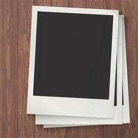Blank old instant photograph vertical frames superimposed on cut timber panels mocha mousse tone square background graphic illustration. vector