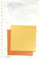 Blank both of sticky notes paper square shape superimposed stick on used old notebook paper vertical background with stained effect graphic illustration. vector