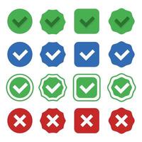 Checkmark icons blue,green,black and red right and wrong choices on isolated white background. Check mark true and false symbol tick sign. vector