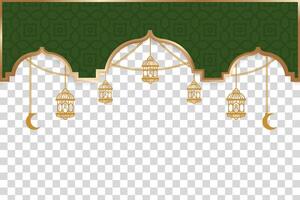 Ramadan template banner with Islamic green mosaic pattern and gold lanterns. vector