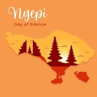 Nyepi Day.Balinese Day of Silence Greeting.Featuring the silhouette of Bali island with a traditional temple gate and a serene sunset. vector