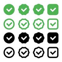 Checkmark icon. Green and black checkmark set. Checked check box sign. vector
