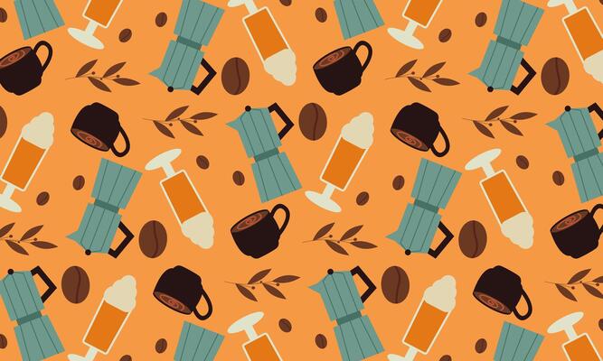 Light coffee background pattern in flat style coffee beans and cup of coffee