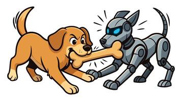 Humorous competition between real dog and cyber dog for bone in colorful drawing vector