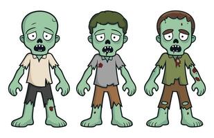 Cute Cartoon Zombies with Tattered Clothes and Zombie Features for Halloween vector