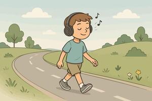 Smiling Kid Listening to Tunes While Walking on a Winding Path vector