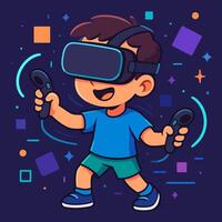 Happy Kid Enjoying Virtual Reality Adventure with Headset and Controllers vector