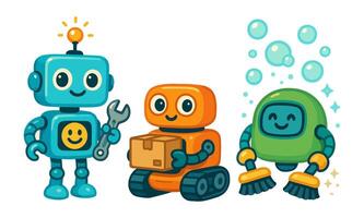 Adorable Robots with Unique Features and Jobs Construction, Delivery, and Cleaning vector