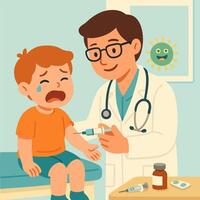 Doctor Giving a Vaccination to a Child with a Tearful Reaction in a Medical Setting vector