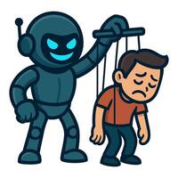 Robot Controlling a Human with Puppet Strings in a Depressed Cartoon Illustration vector