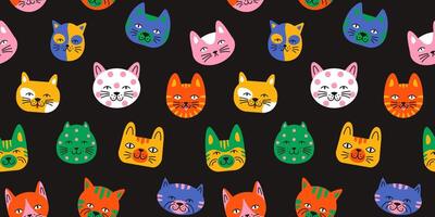 seamless pattern of colorful funny cat heads. Cute kitten cats avatars on black background. Modern diverse domestic pet characters seamless print. Playful childish pattern and wrapping design. vector