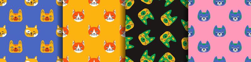 Whimsical colorful collection of seamless patterns with fluffy cat faces. Simple bright happy kitten heads prints set for textiles wrapping paper and socks design. Cheerful animals. vector