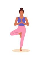 Happy woman standing in Tree pose and meditating vector